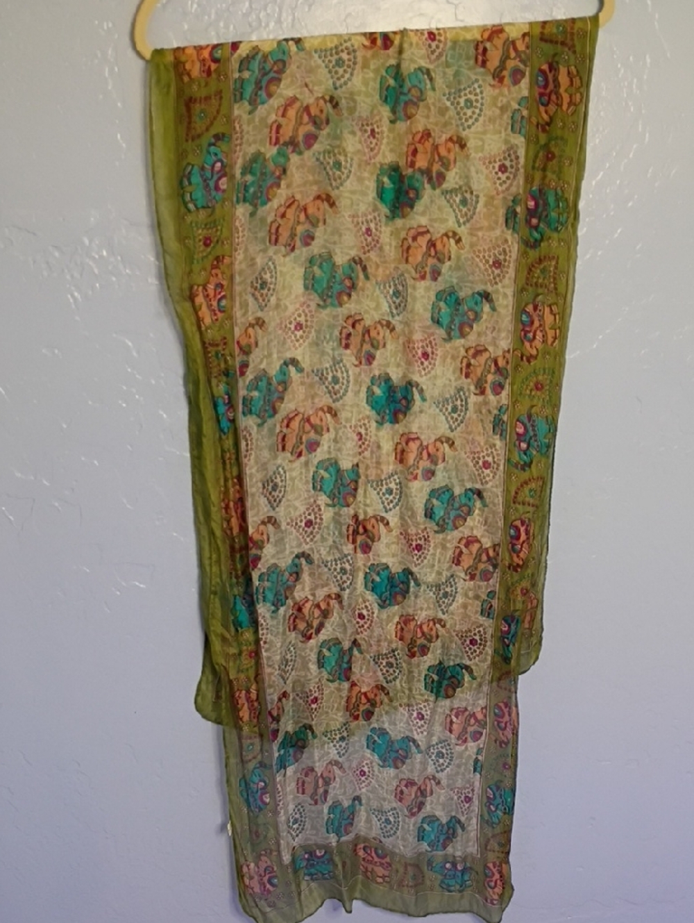 Silk Elephant Scarf in Olive and Teal